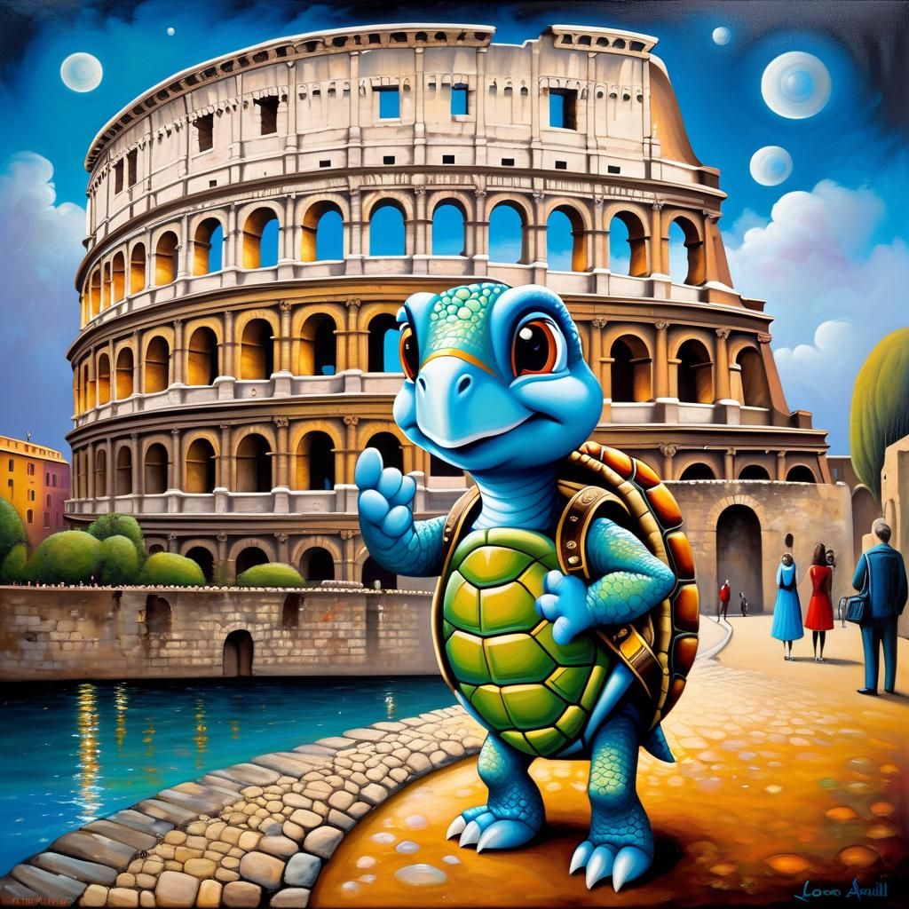 Turtle Tourist at Colosseum: Whimsical Oil Painting