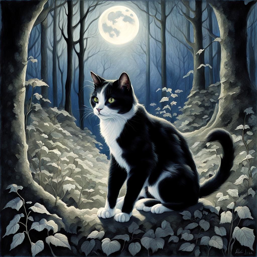 Moonlit Cat in Forest: Whimsical Fantasy Art