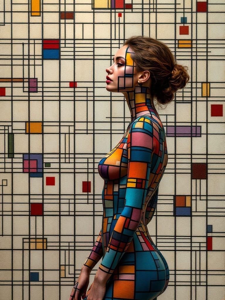 Woman Merges with Geometric Wall in Renaissance Style