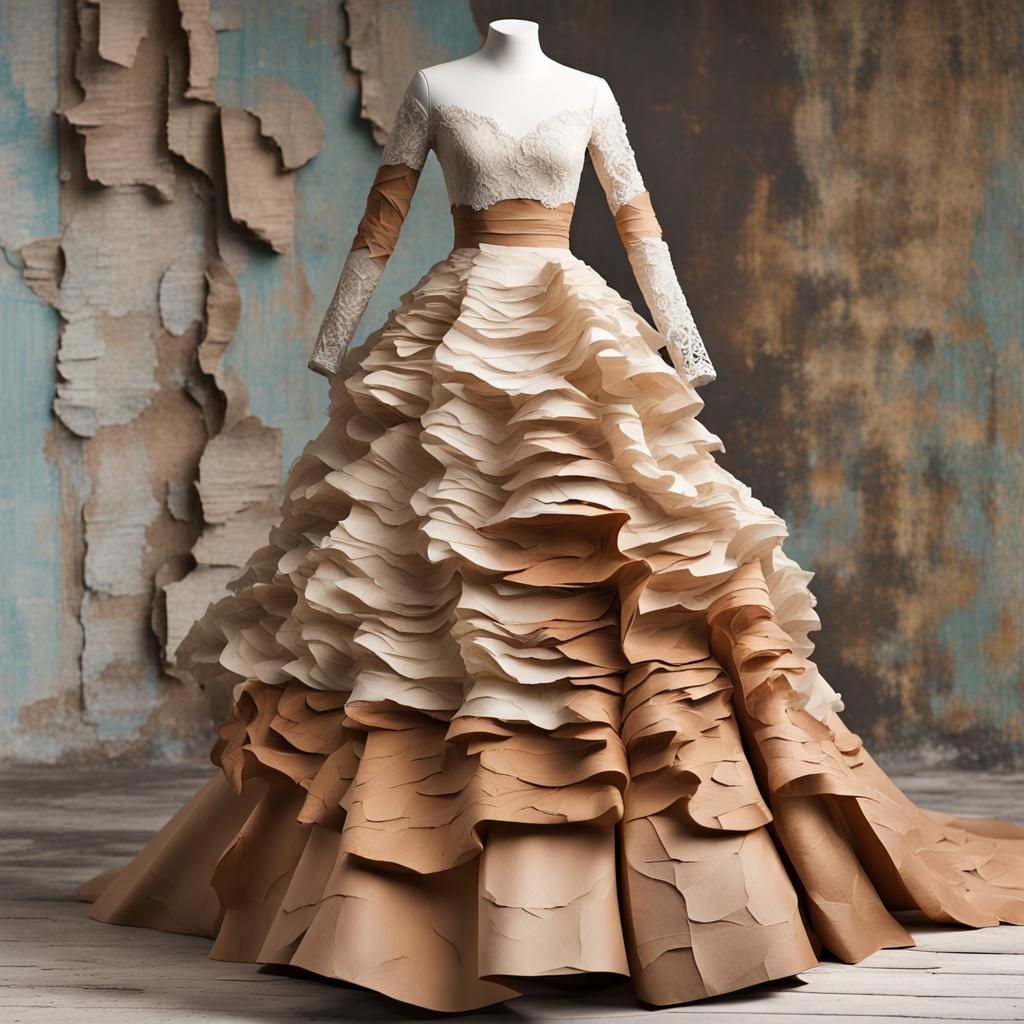 Fine Art Paper Collage :  Rustic Tiered Ripped Paper  Ball Gown : Lace Bodice :  Spring Desert Color Palette : Long Flow...