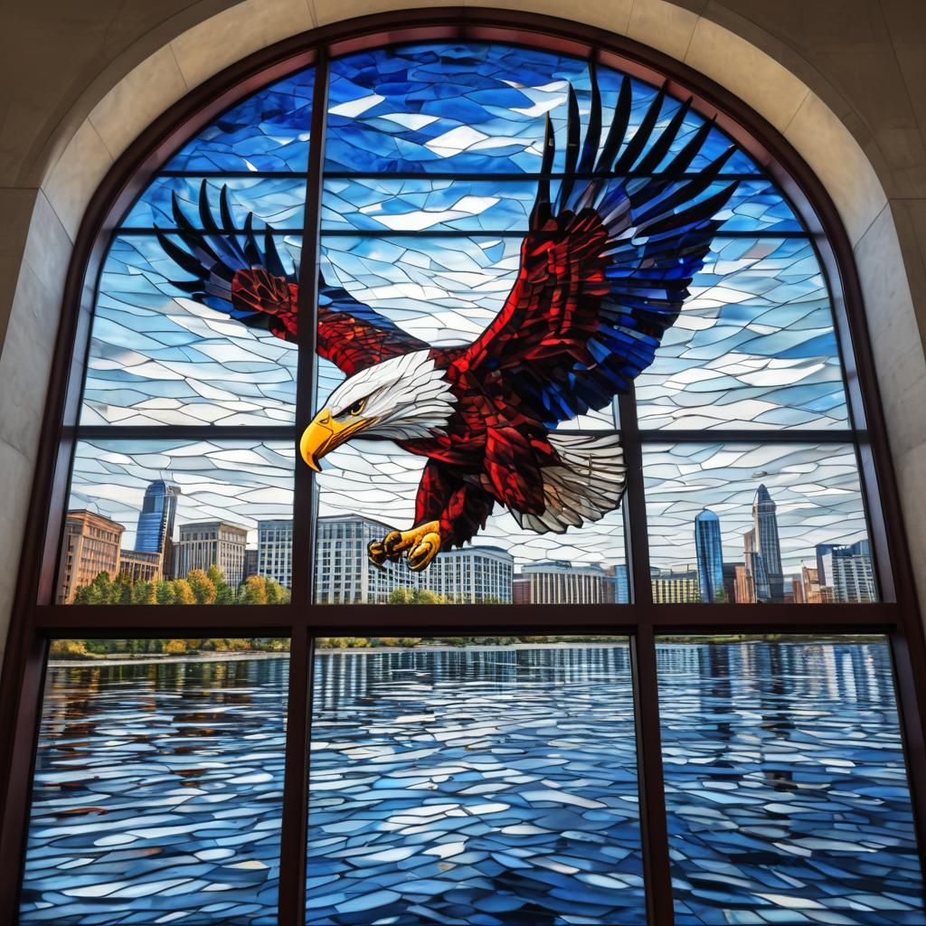 Stained Glass Eagle Mosaic Over Lake