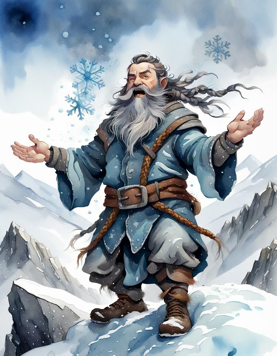 Dwarf on Snowy Mountain in Watercolor Illustration