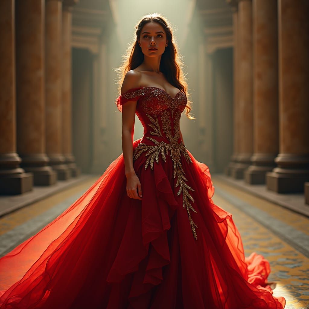 Woman in Red Gown in Cinematic Film Still