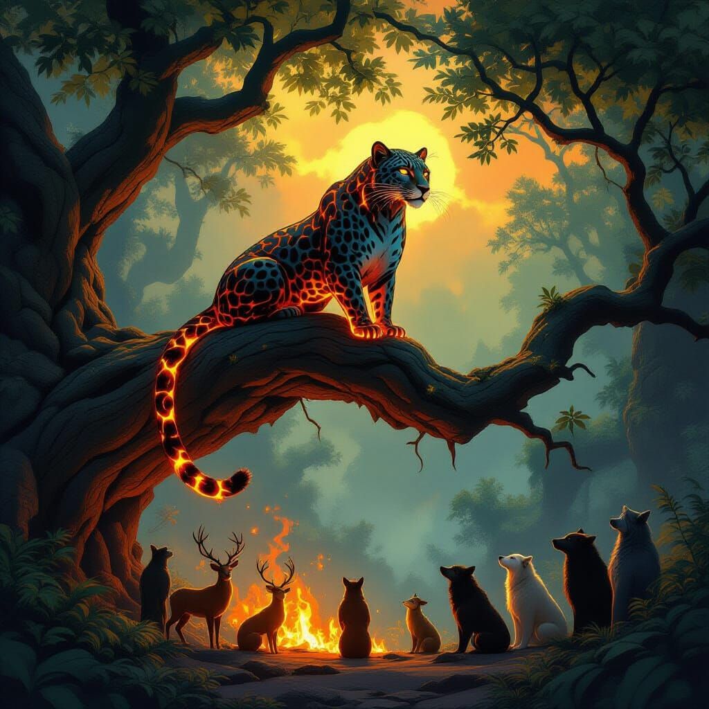 Lava Leopard King of Mystical Forest with Bowing Animals