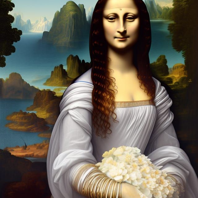 Mona Lisa in White Dress: Romantic Art Nouveau