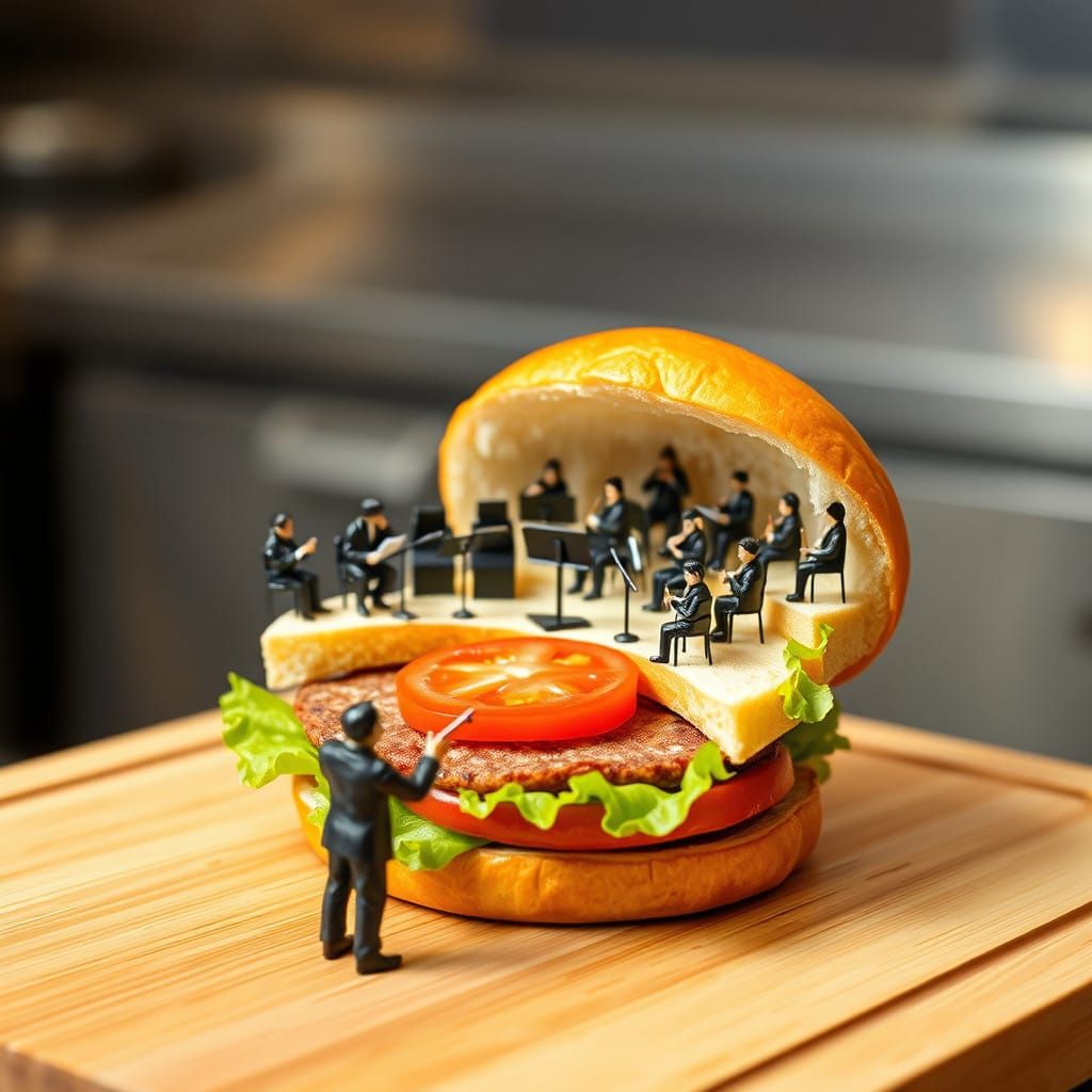 Miniature Orchestra on a Hamburger in a Whimsical Kitchen Sc...