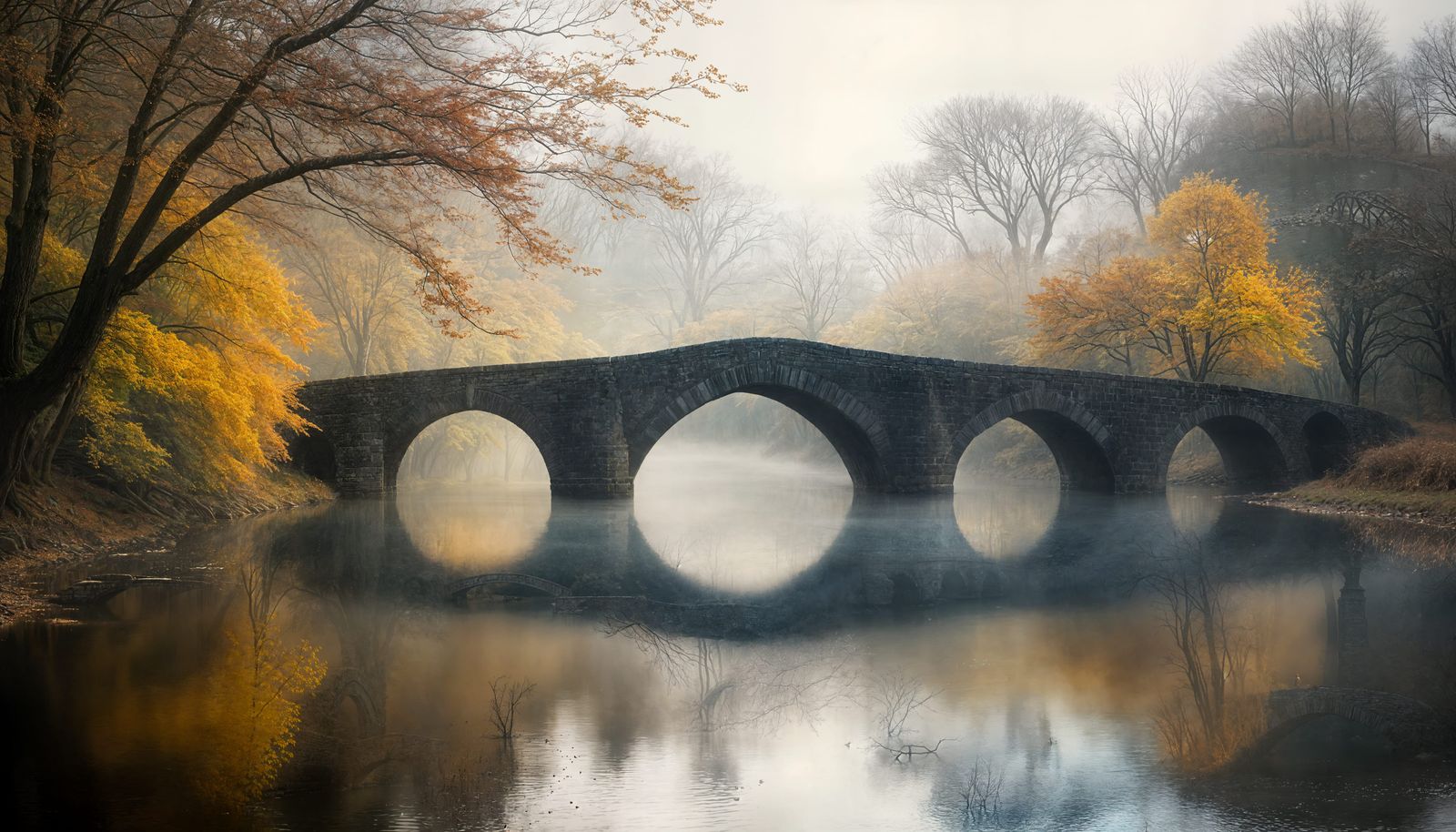 Nostalgic Autumn Bridge in Fog