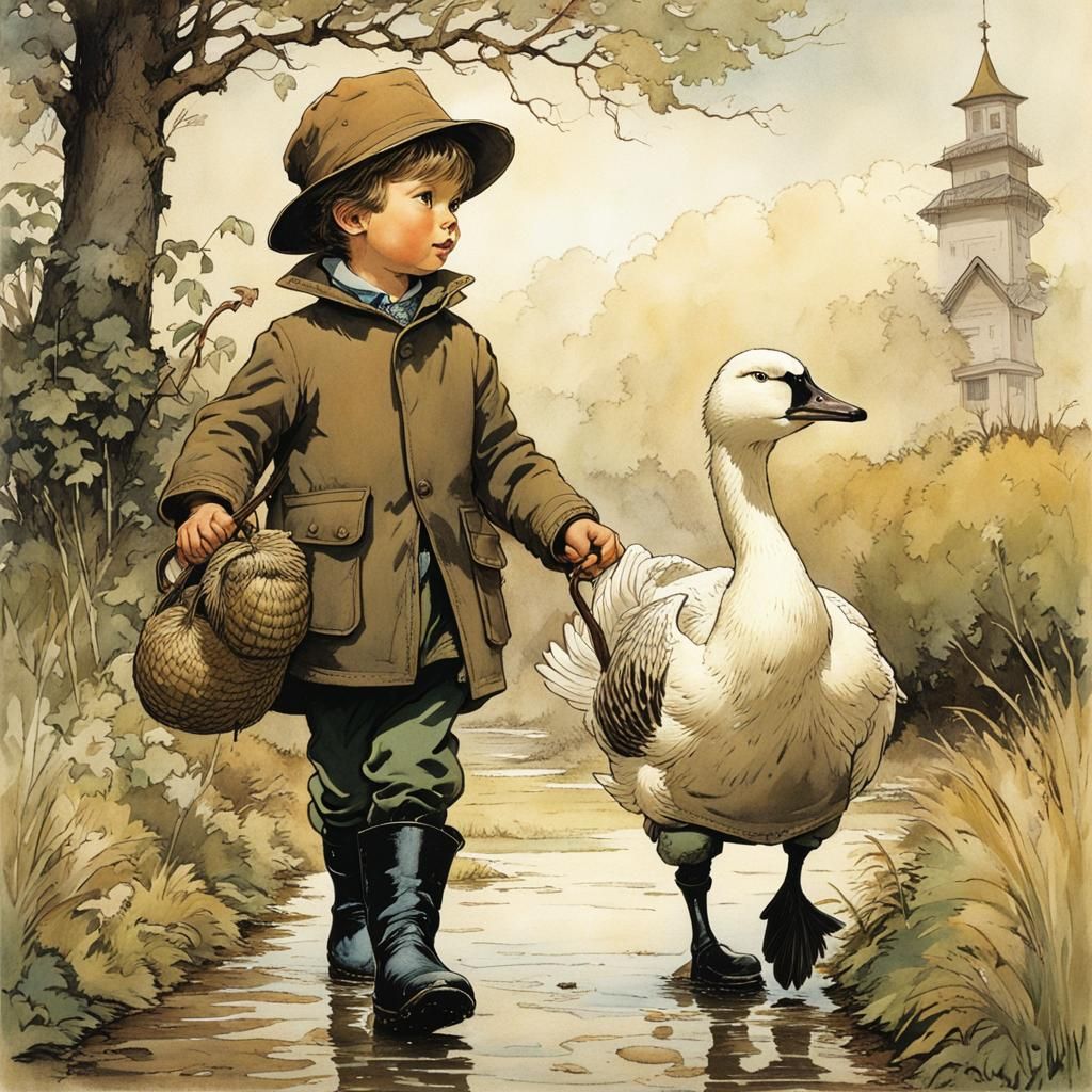 Boy and Goose Walk in Children's Book Style