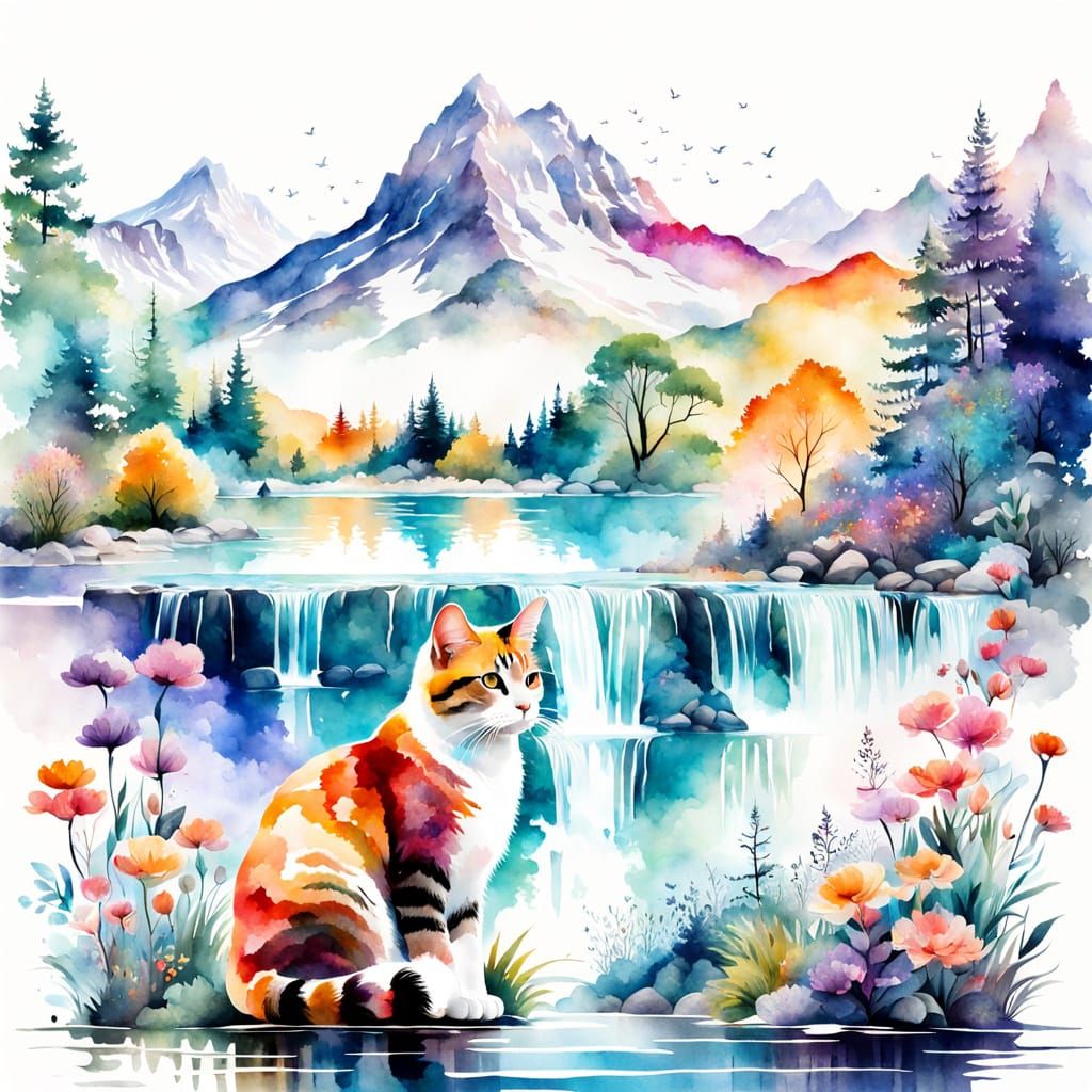 Watercolor Double Exposure: Elegant Cat in Dreamscape