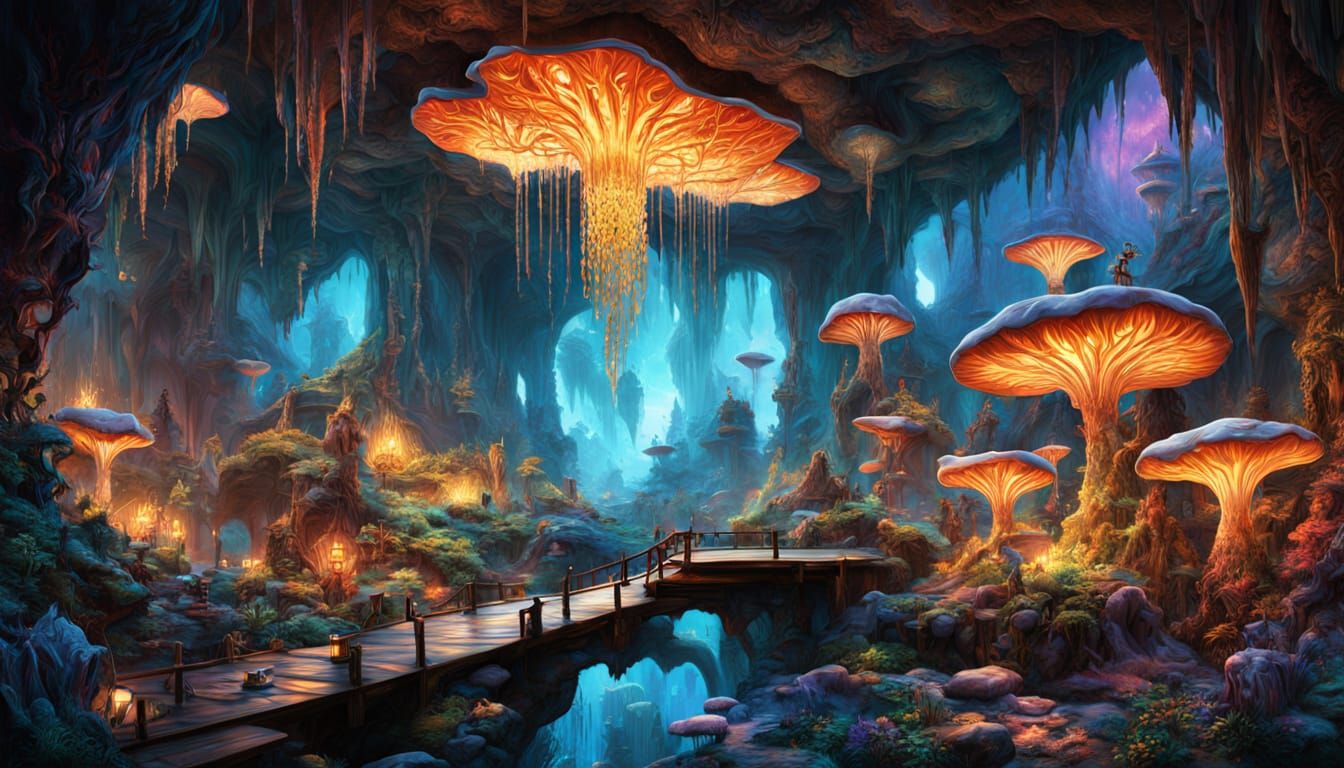 Crystal Cave With Bioluminescent Fungi and Musical Formation...