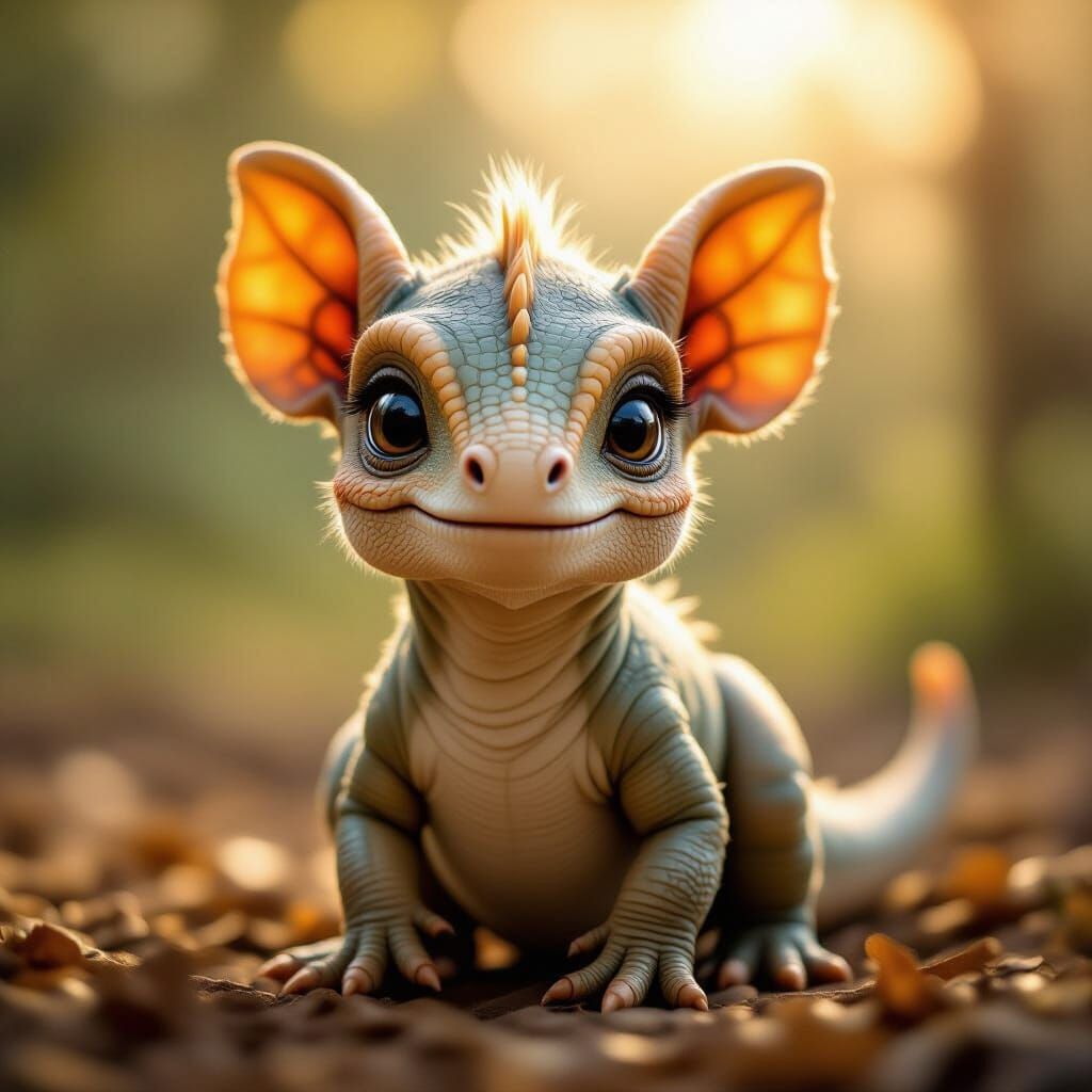 Surreal Baby Dinosaur with Human Ears in Studio Photo