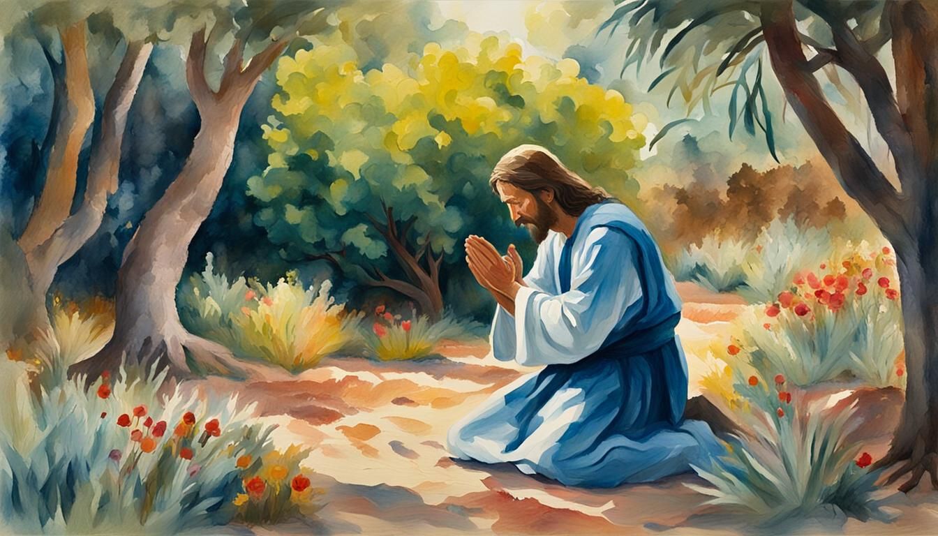 Jesus Praying in Gethsemane: Impressionist Gouache Watercolo...