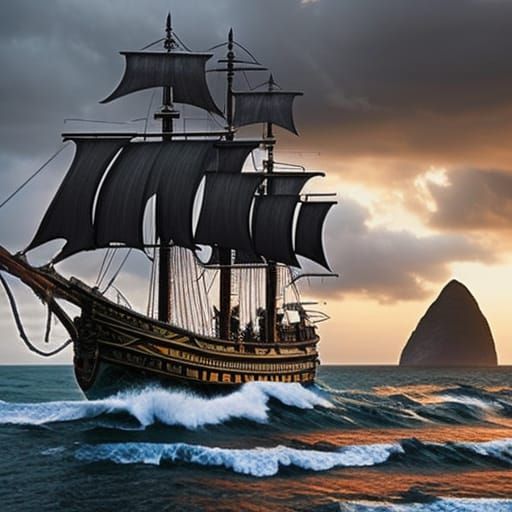 Detailed Pirate Ship Sketch in Stormy Weather