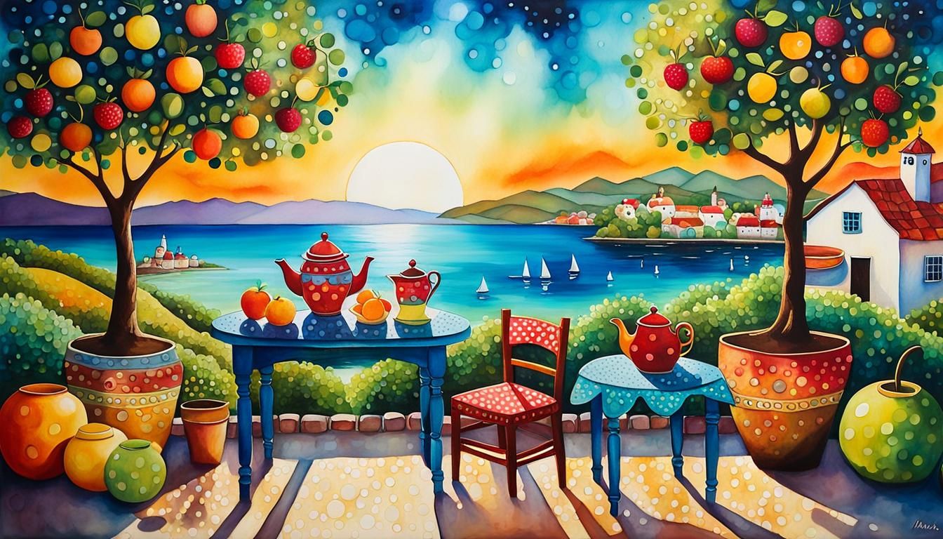 Enchanting Seaside Village in Alcohol Ink Style