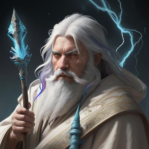 Ancient Wizard Portrait in Jagged Mountains