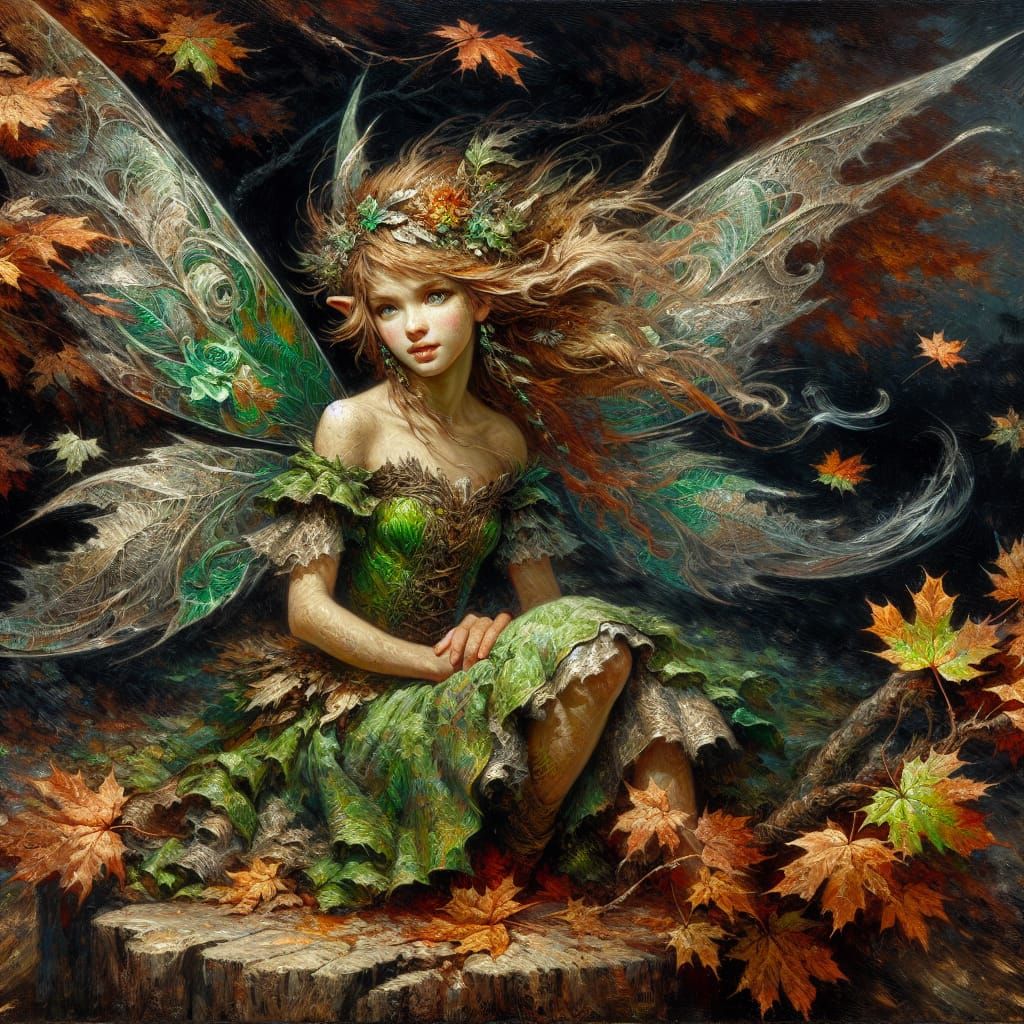 Fairy in Autumn Maple Tree as Oil Painting