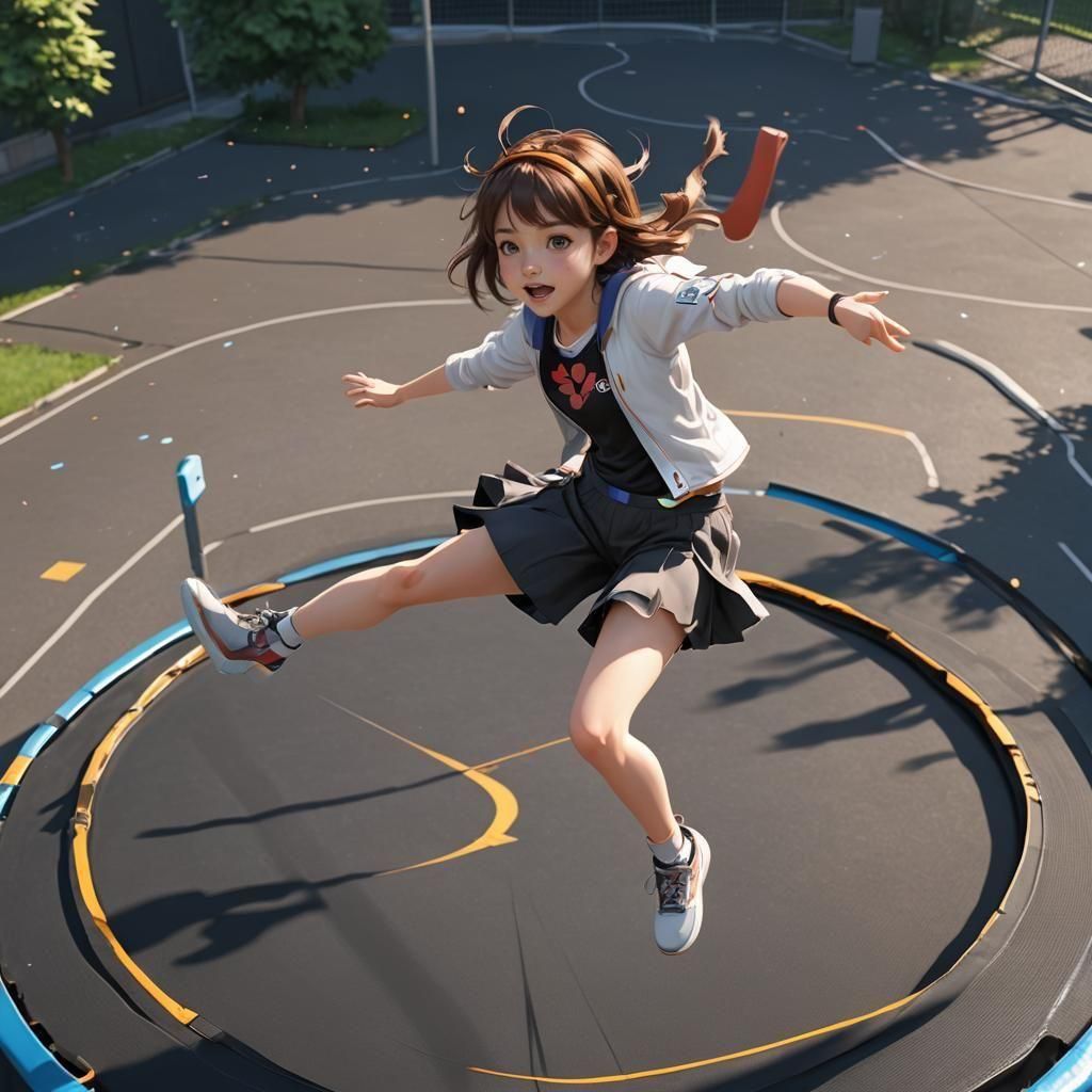 Girl Bouncing on Trampoline in 3D Anime Style