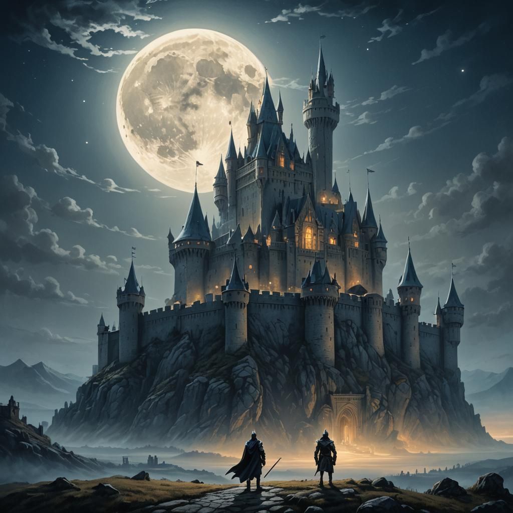 Knight Silhouetted Before Ethereal Castle, Fantasy Art