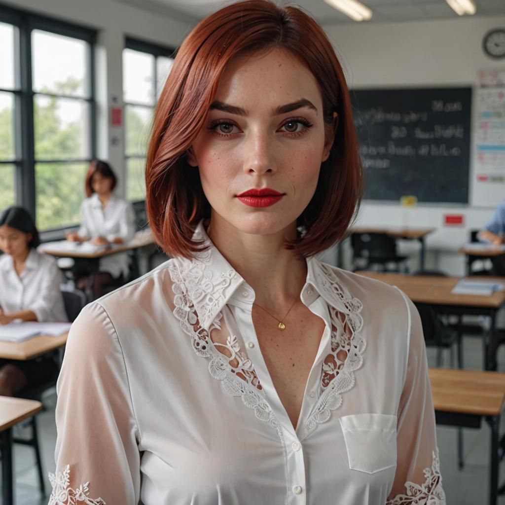 Realistic Portrait of a Red-Haired Woman in Classroom