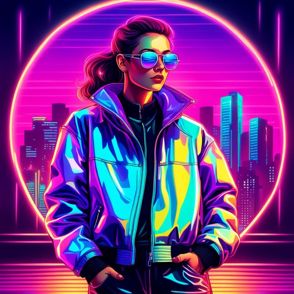Woman in Iridescent Jacket, Synthwave Neon Art