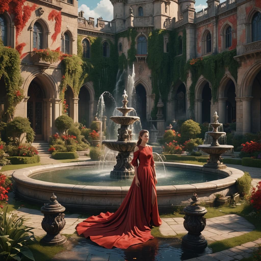 Woman in Red Dress in Castle Garden