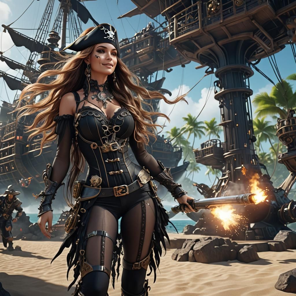 Futuristic Pirate Island Scene with Tropical Birds