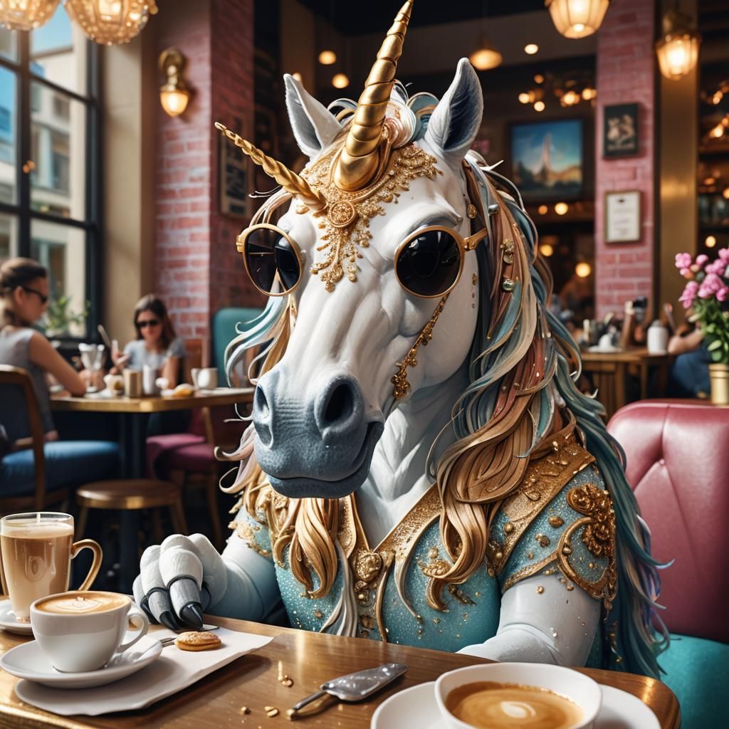 Grumpy Unicorn at Cafe in Whimsical 3D Art