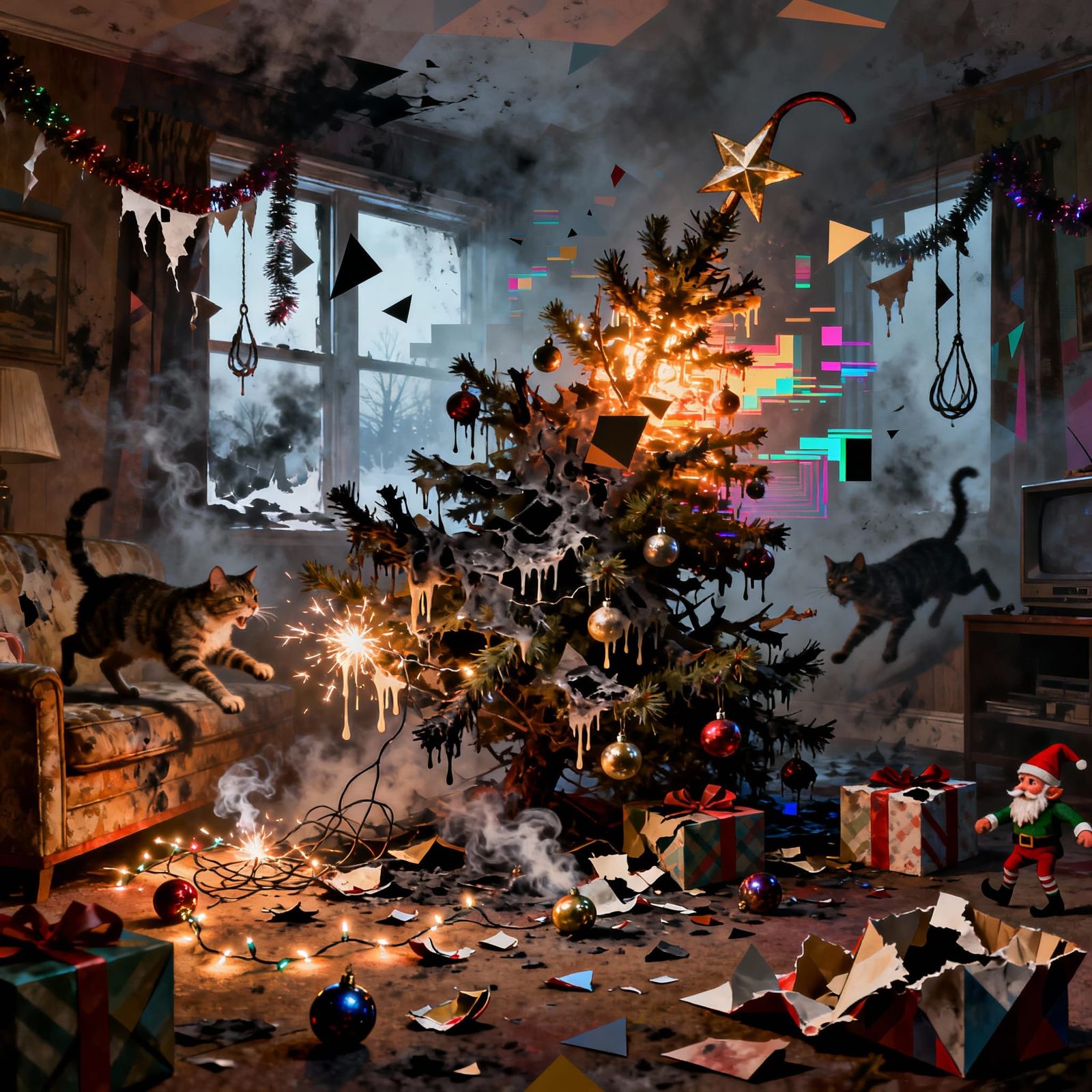 Apocalyptic Christmas Tree in Festive Collapse