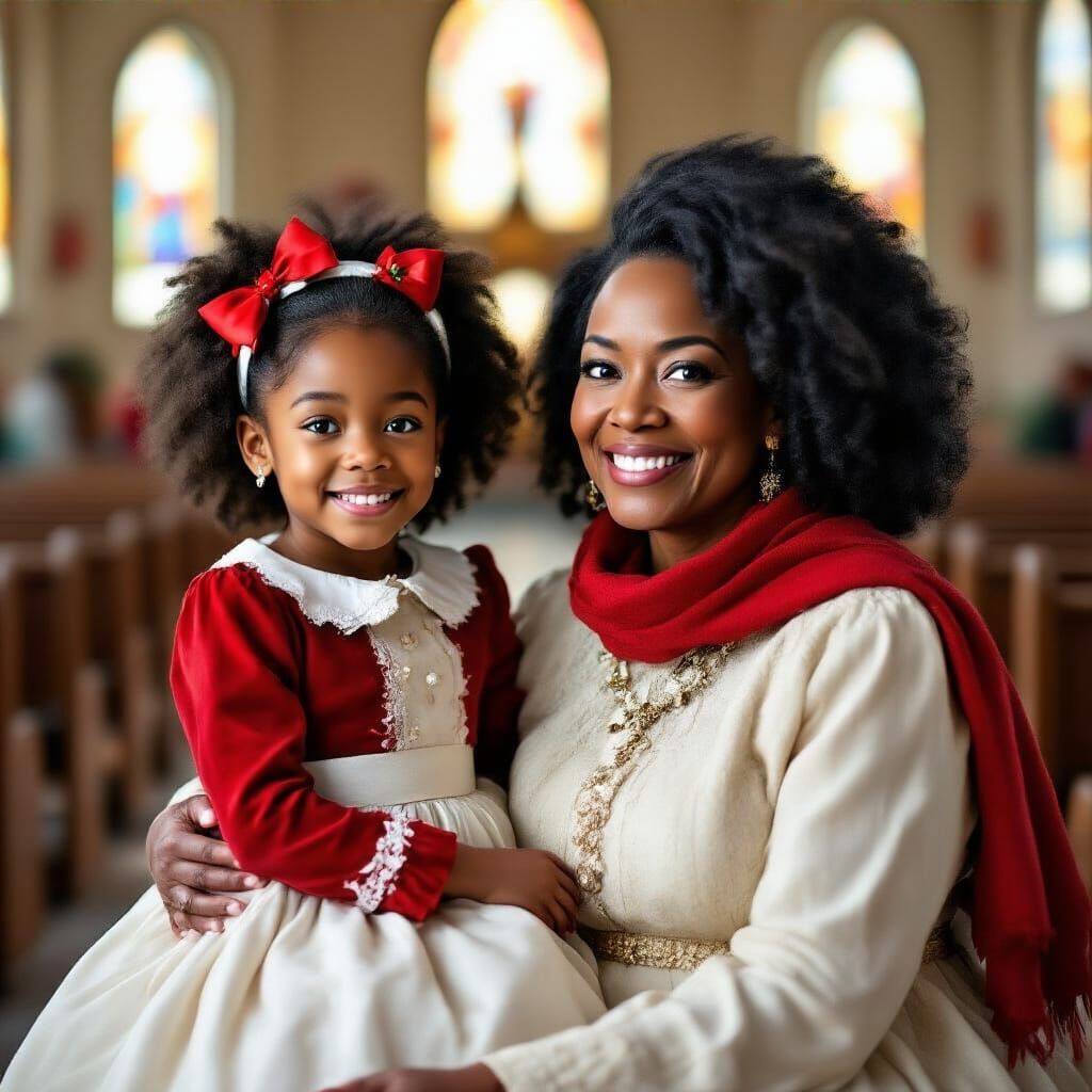 African American Mother and Daughter Christmas Church Celebr...