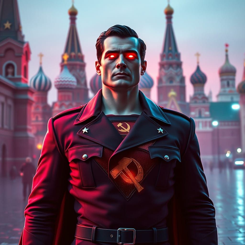 Superman in Soviet Military Uniform Stands Tall in Red Squar...