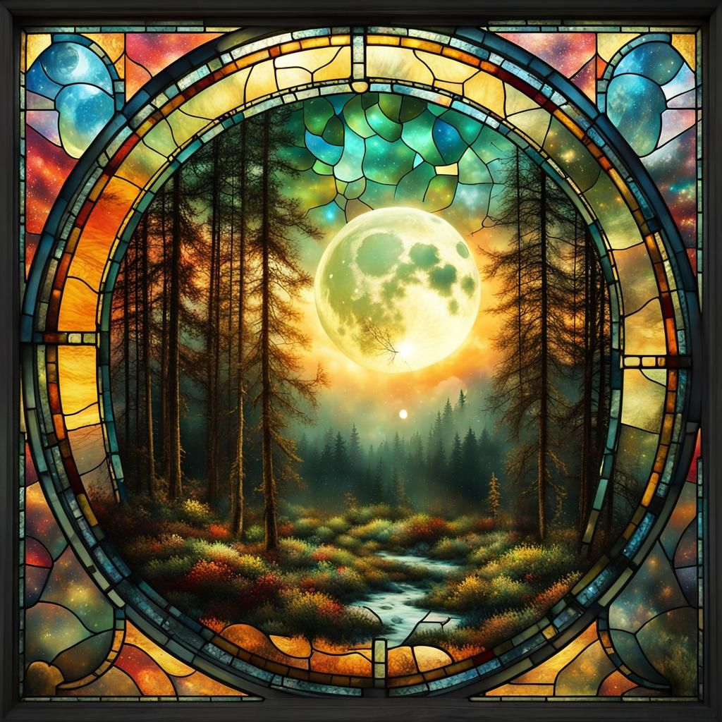 Stained Glass Moon Window: Surreal Detailed Art