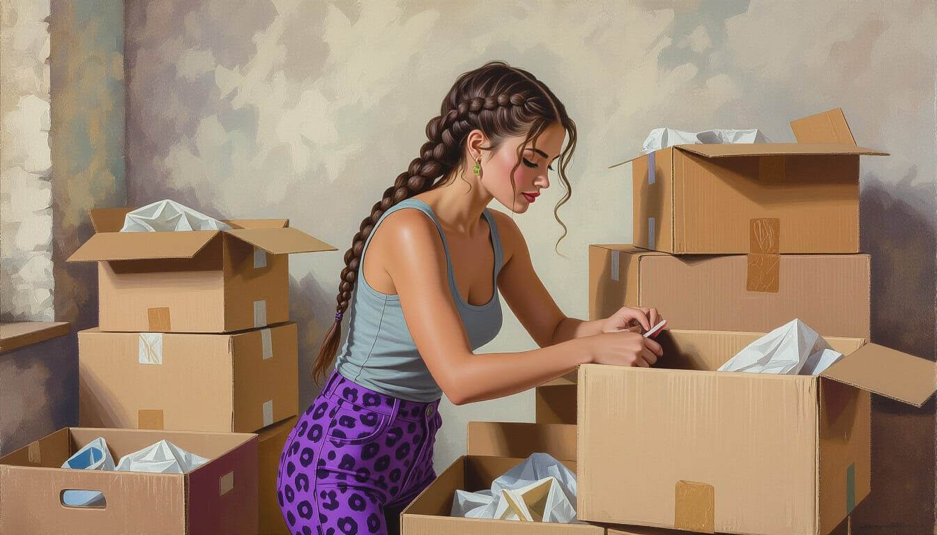 Woman Packing Room in Textured Gouache Style