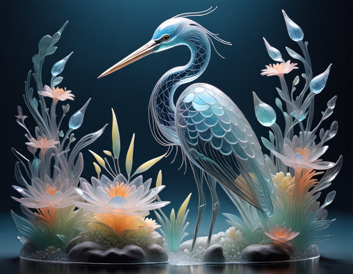 Crystal Heron in Filigree Garden, 3D Art