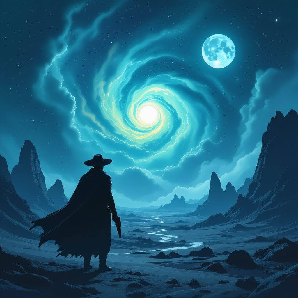 Lone Figure on Alien Planet Under Nebula Sky