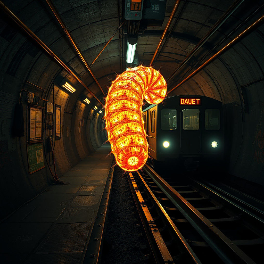 A subway train morphing into a massive glowing caterpillar