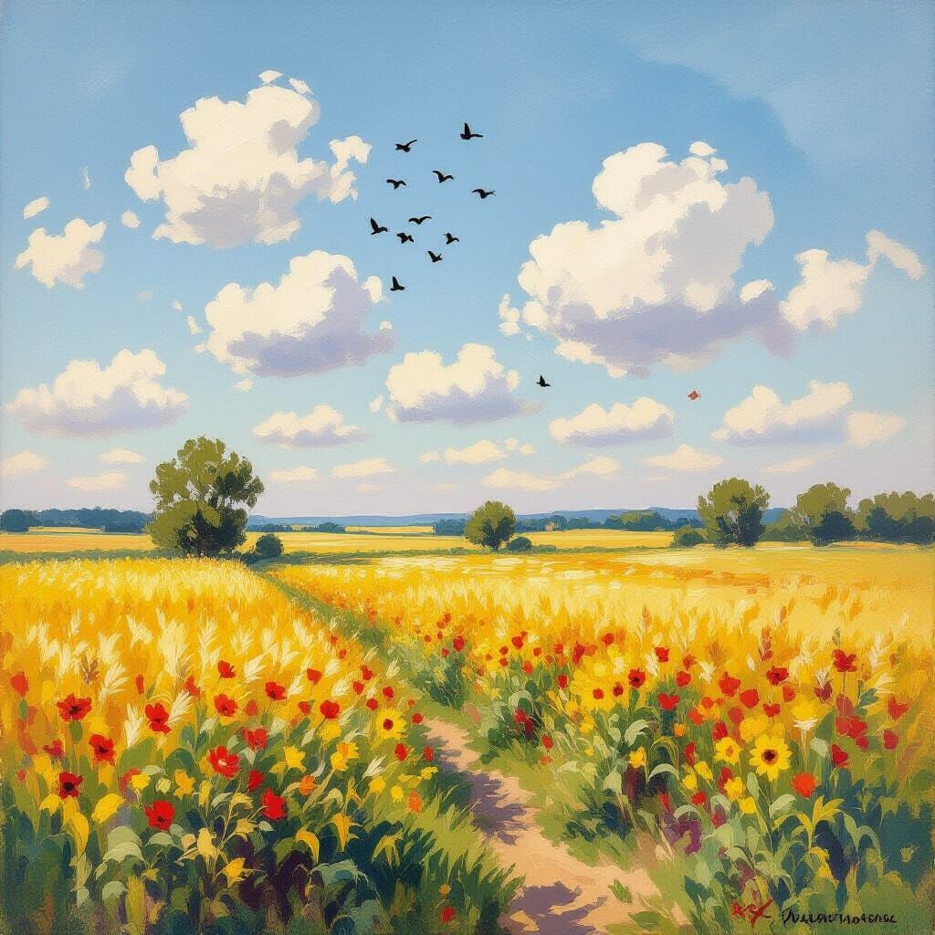 Cornfield Landscape with Birds in Impressionist Style