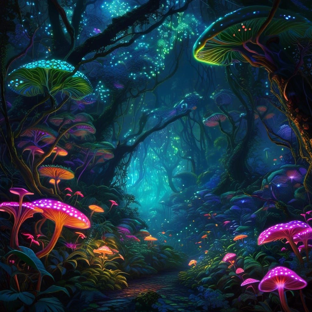 Neon Rainforest Canopy: Bioluminescent Night View