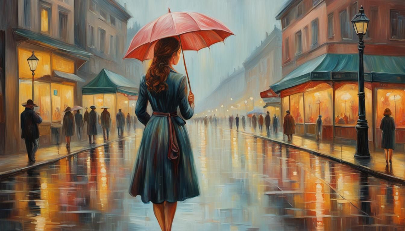 Dreamlike Woman in Rainy City, Impressionistic Oil Painting