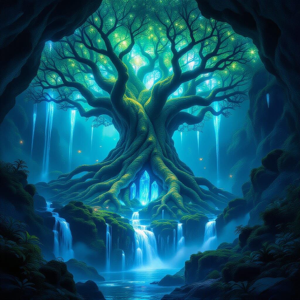 Ancient Bioluminescent Tree in Crystal Cavern