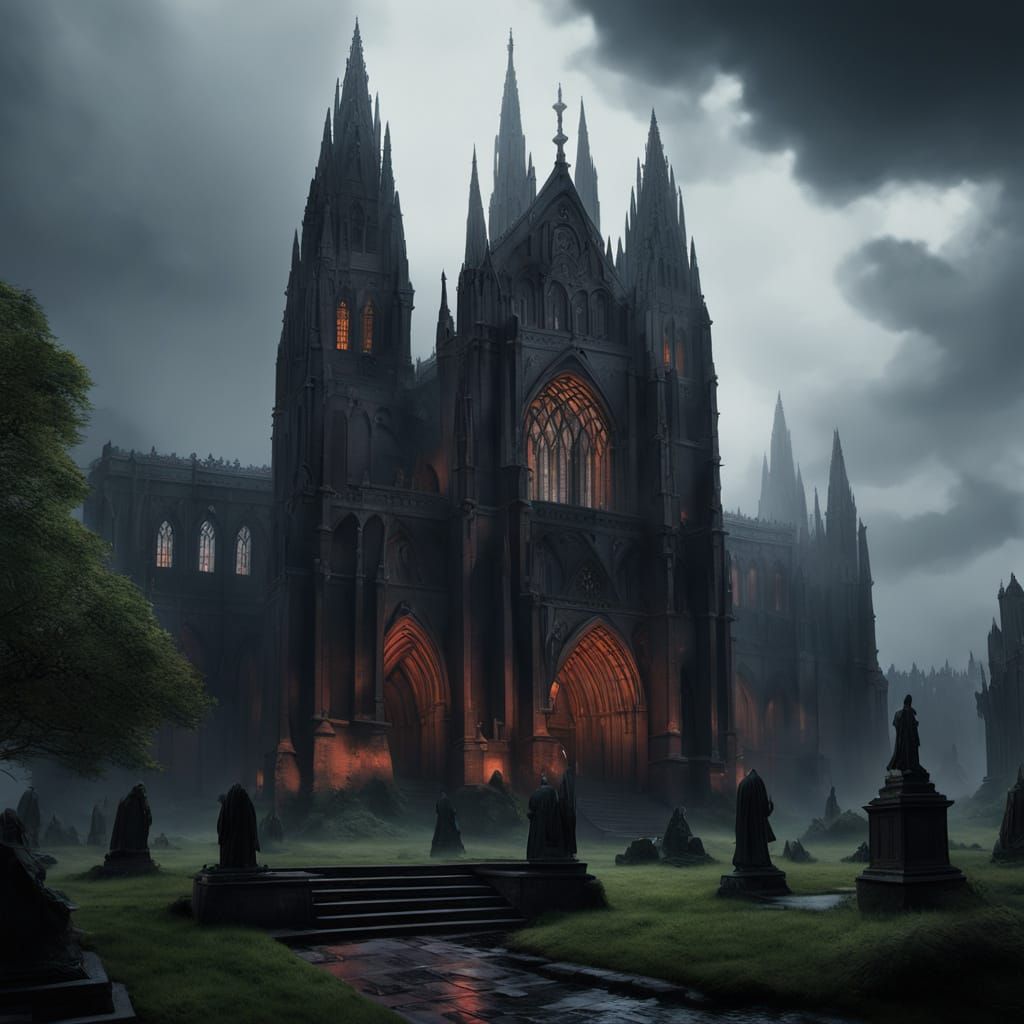 Gothic Cathedral Dominates Mysterious Graveyard Landscape