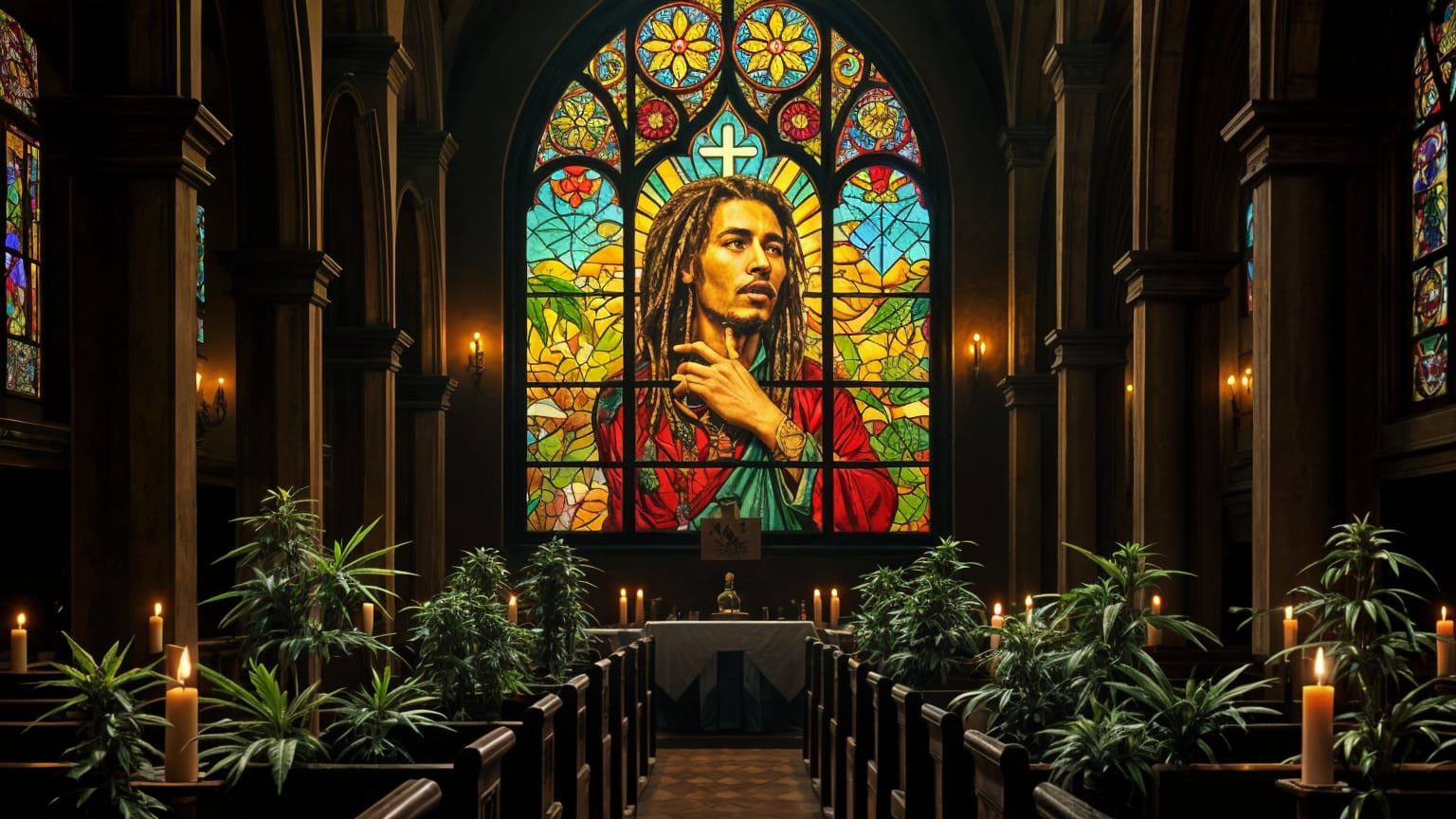 Bob Marley Stained Glass Chapel with Cannabis