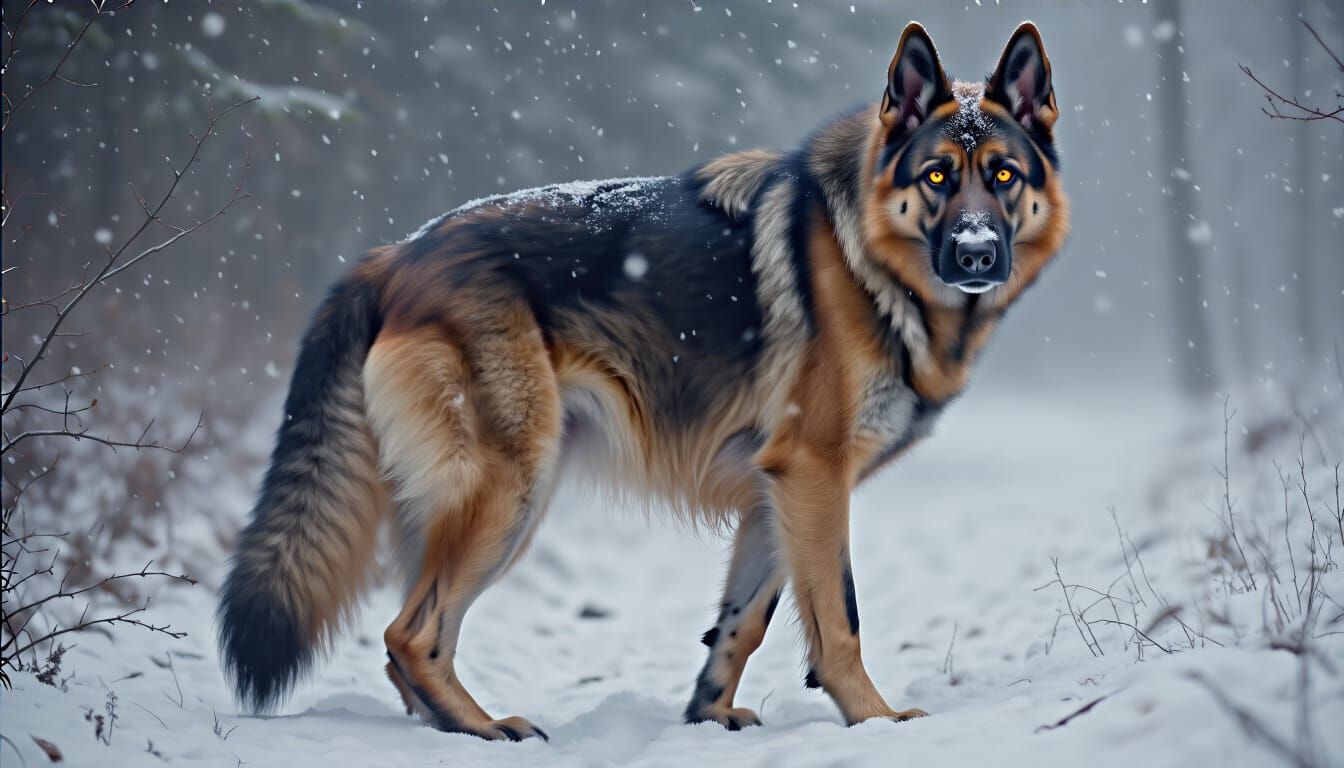 German Shepherd in Snowy Woodland, Digital Art
