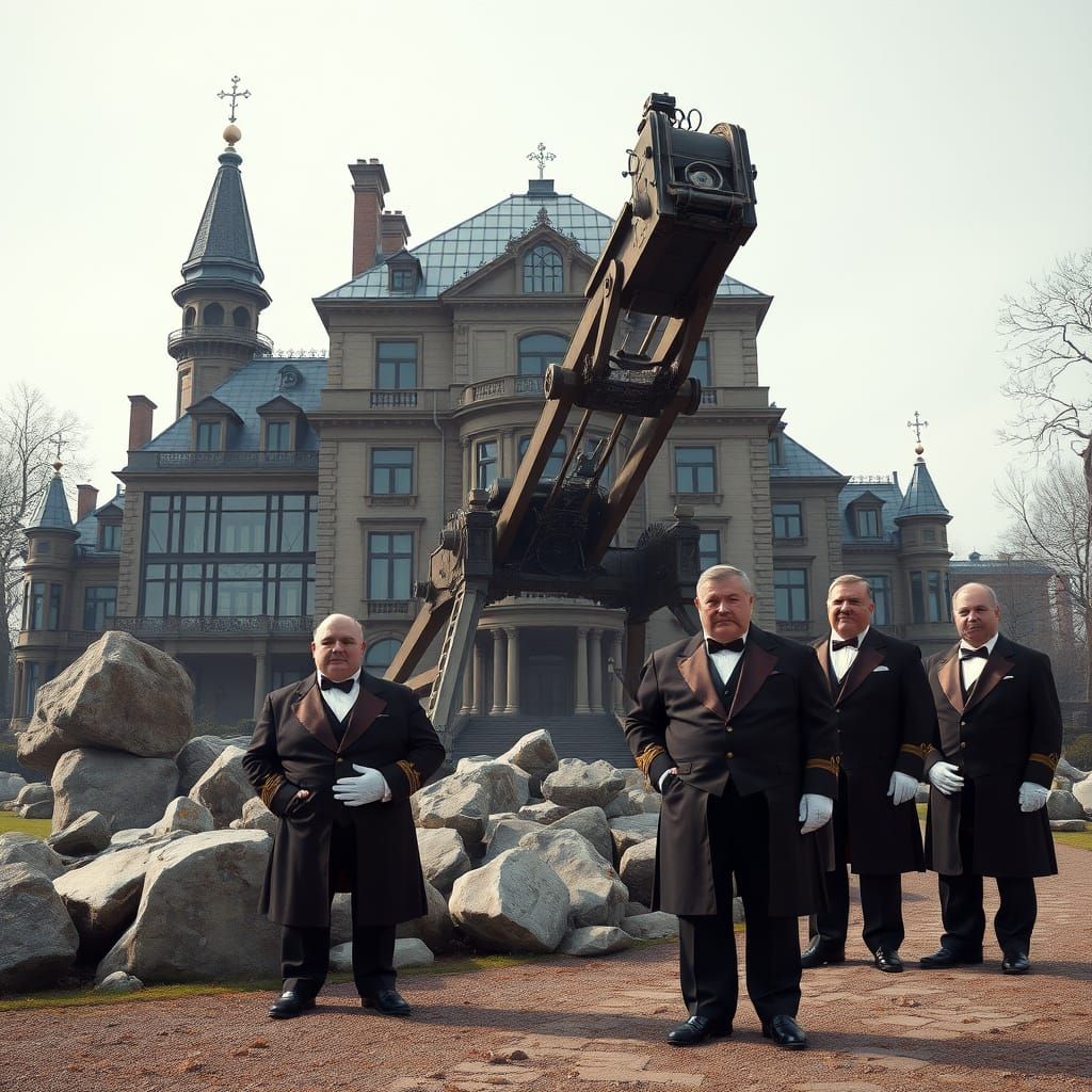 Victorian Mansion and Trebuchet in Surreal Style