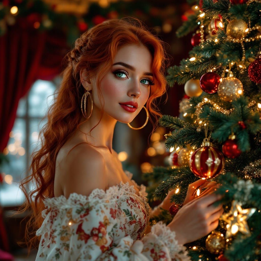 Elegant Holiday Woman Decorates Majestic Christmas Tree