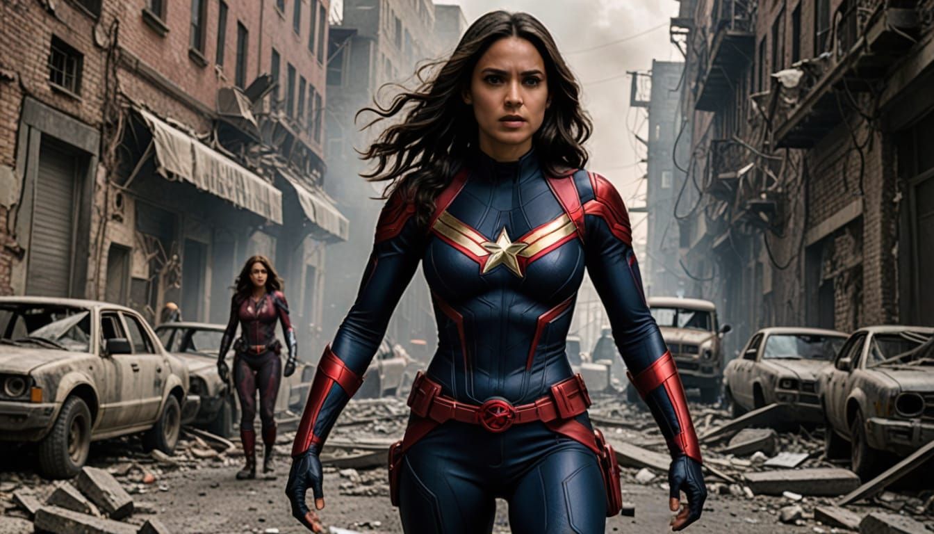 Dark City Battle Scene with Spider-Woman and Captain America