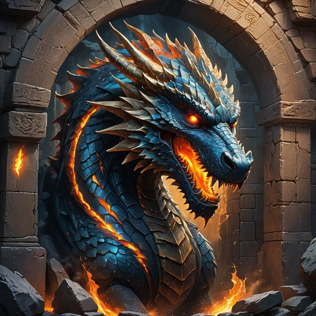 Dragon Emerges from Stone Portal: Dark Fantasy Art