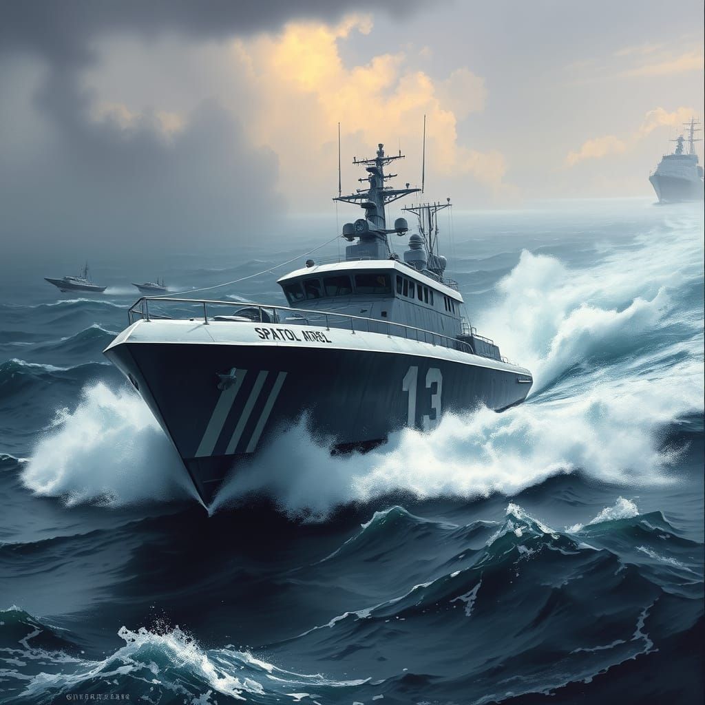 Futuristic Navy Patrol Boat Slices Through Turbulent Stormy ...