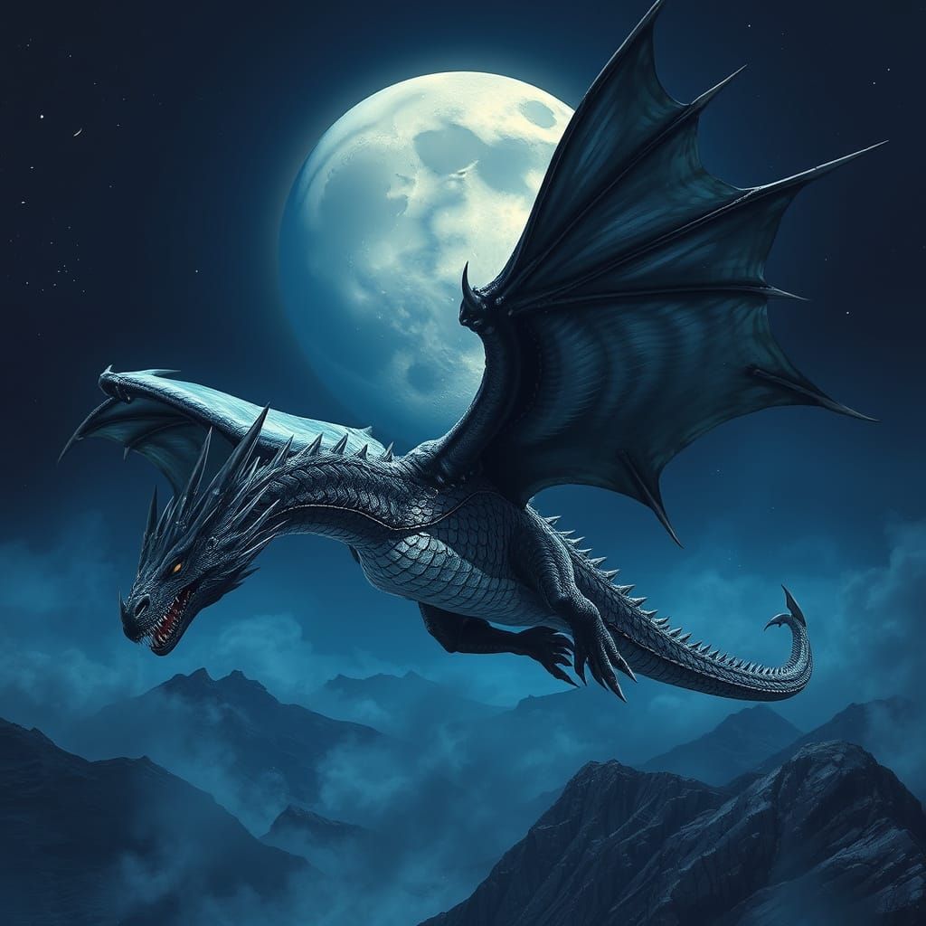 Majestic Black Dragon Under the Moonlit Night Sky