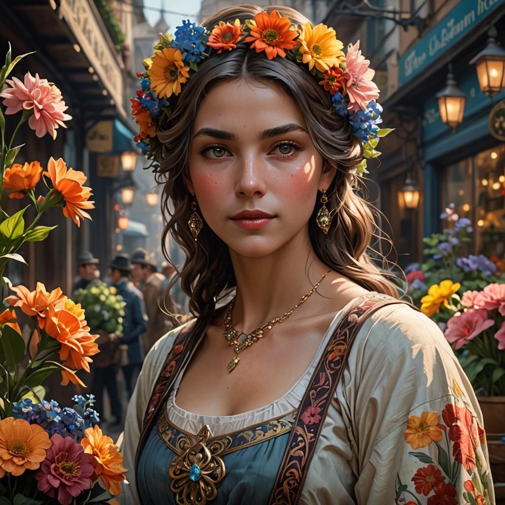 Vintage Flower Seller Portrait Inspired by Arthur Rackham