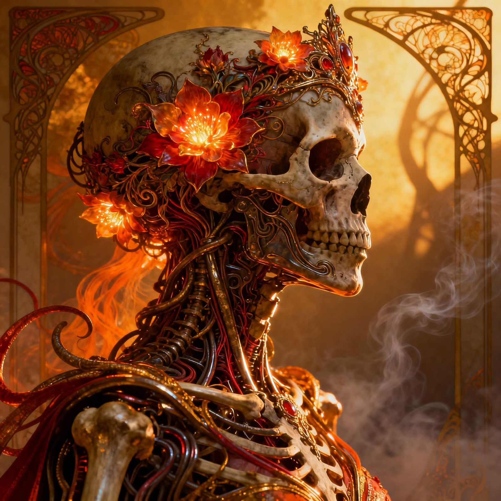 Serene Skull Woman with Glowing Floral Ornamentation